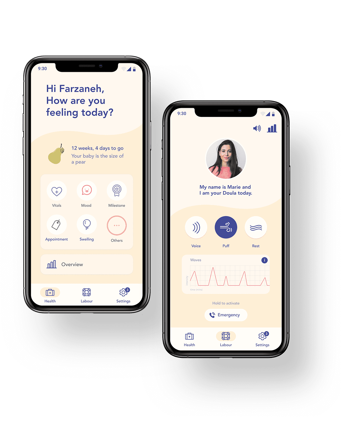 mockups of a labour coaching app